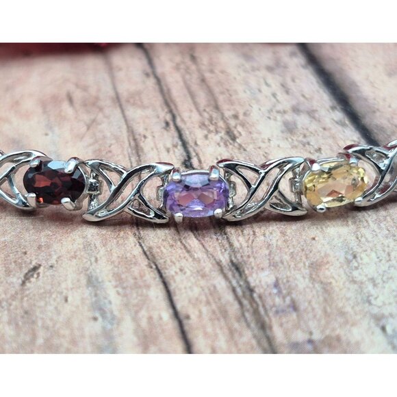 925 Sterling Silver Gemstone Tennis Bracelet Garnet, Amethyst, Citrine, Peridot - Picture 2 of 12